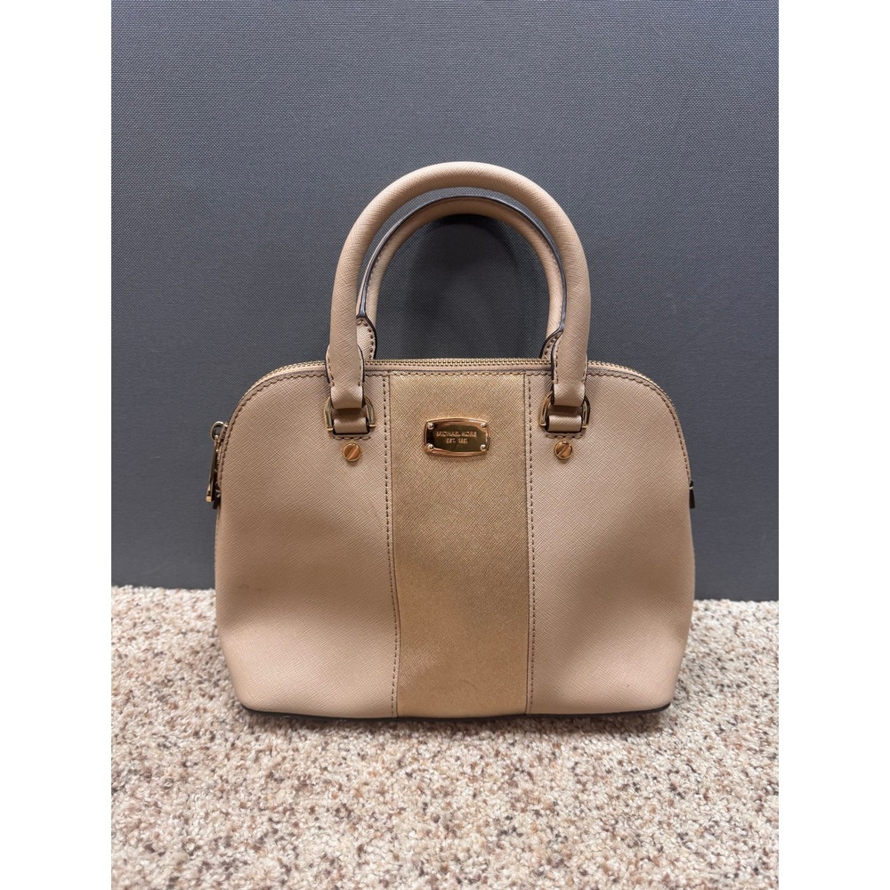 Michael Kors Satchel Womens Beige Gold Saffiano Leather Dome Bag Small